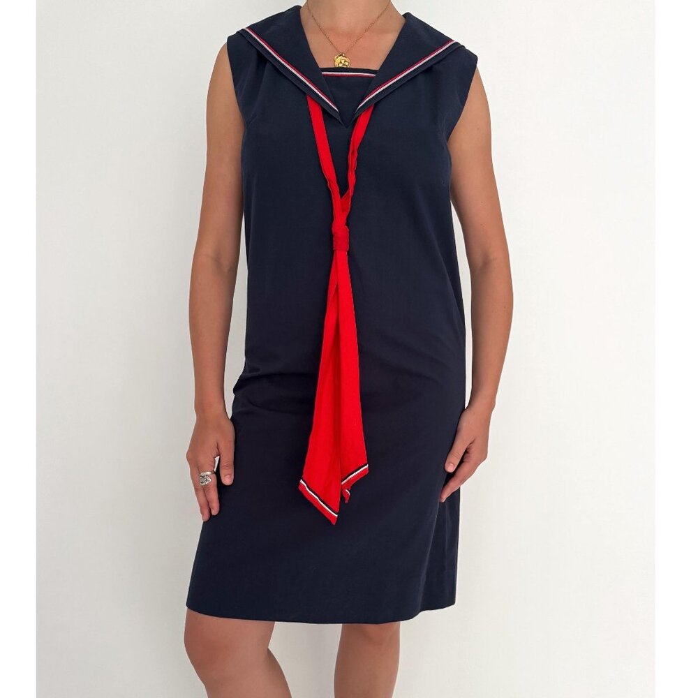 70s vintage nautical sailor collar retro pinup sleeveless cotton midi midi dress
